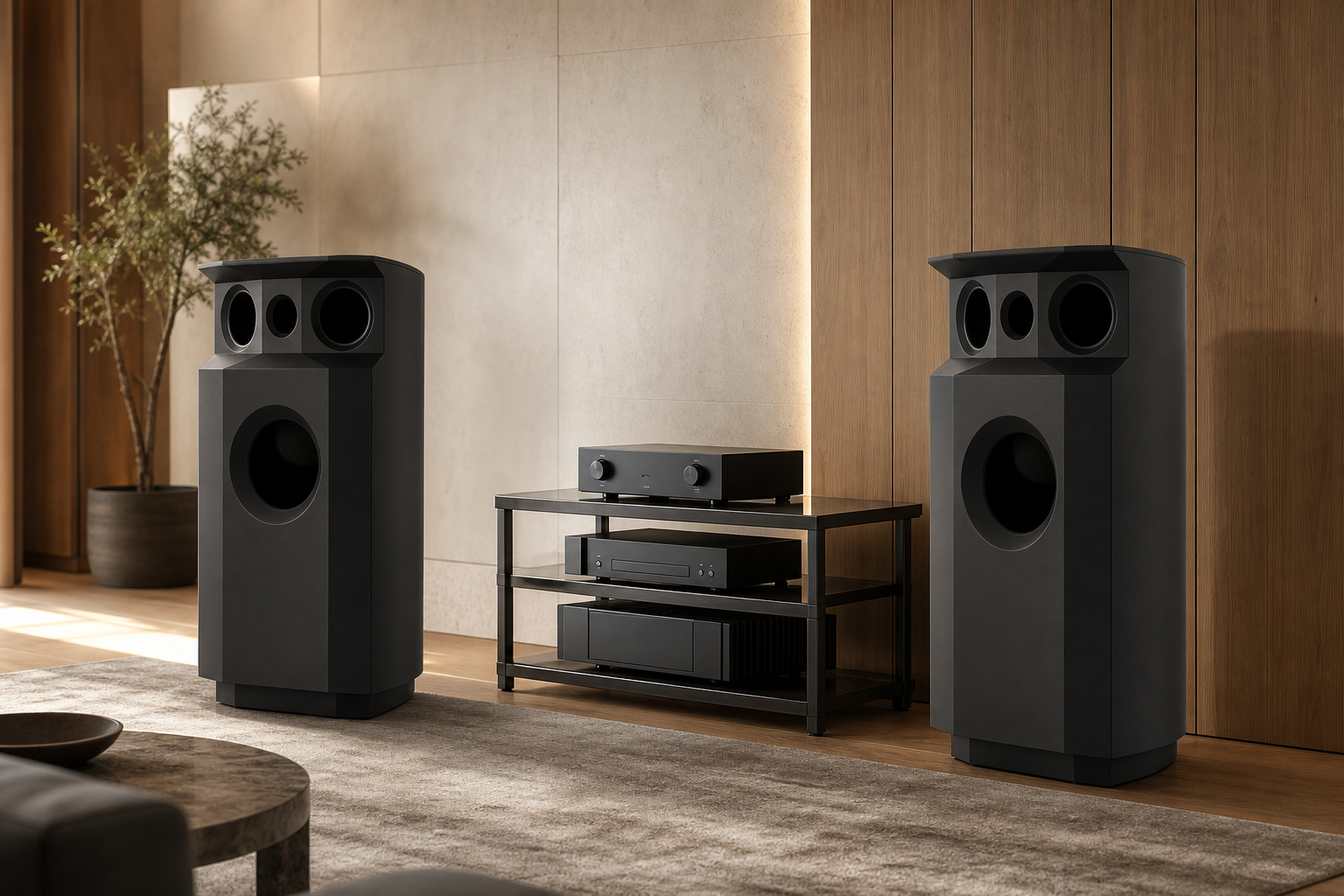 Акустическая система Hi-Fi-класса в интерьере, чёрные колонки